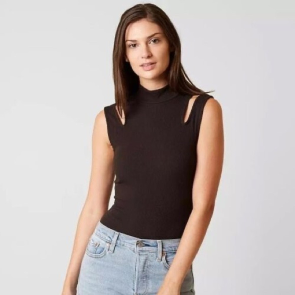 Free People Women’s Nothing But Rib Bodysuit Black Cold Shoulder Tank, Medium